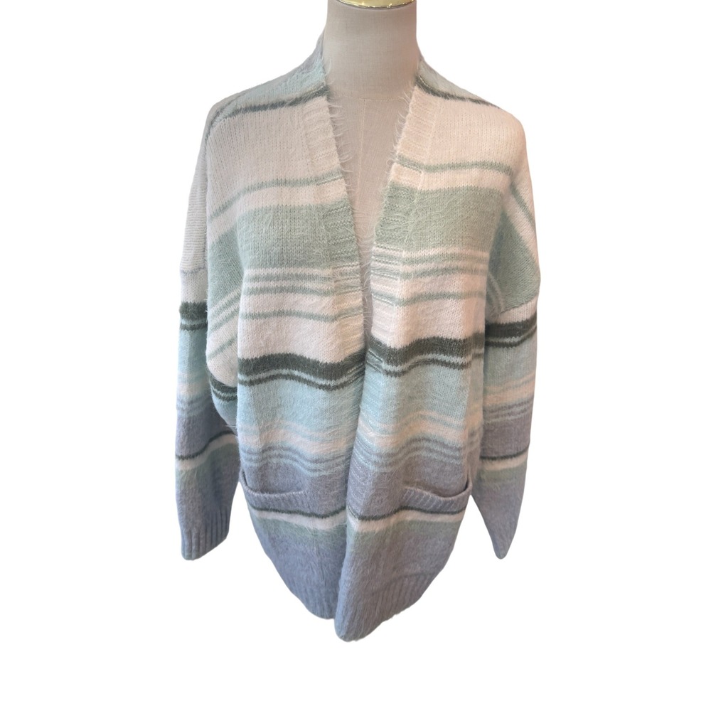 American Eagle Outfitters Fuzzy Striped Cardigan Sweater Blue White Large NEW